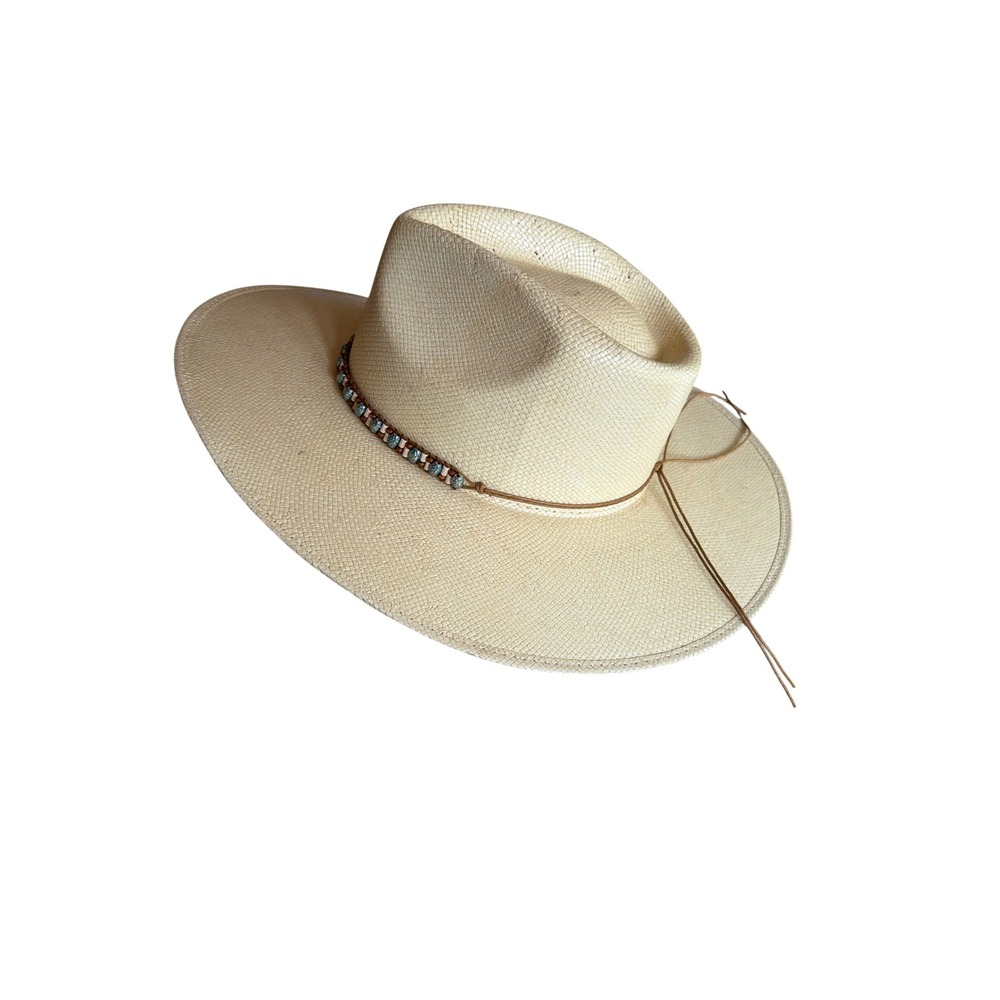Rockin' C Straw Cowboy Hat Tan Beaded Band Cattleman Crease Western Sun Hat S-M